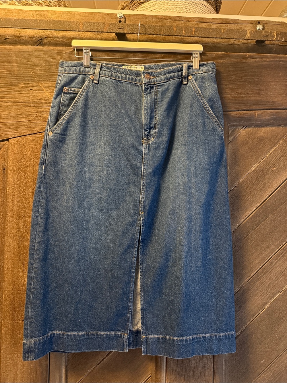 We The Free Classic Blue Denim Maxi Skirt with Front Slit